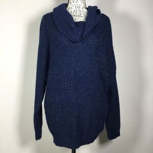 Navy blue silver tone strand scoop neck sweater soft cozy glamour party bling XL